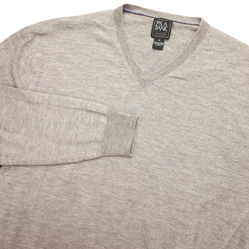 Jos A Bank Sweater Mens 3XL Gray Merino Wool V Neck Knit Pullover Lightweight